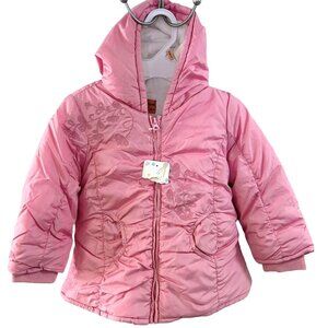 NWOT Mayoral Pink Embroidered Floral Puffer Coat Lined White Faux Fur 18 Mo